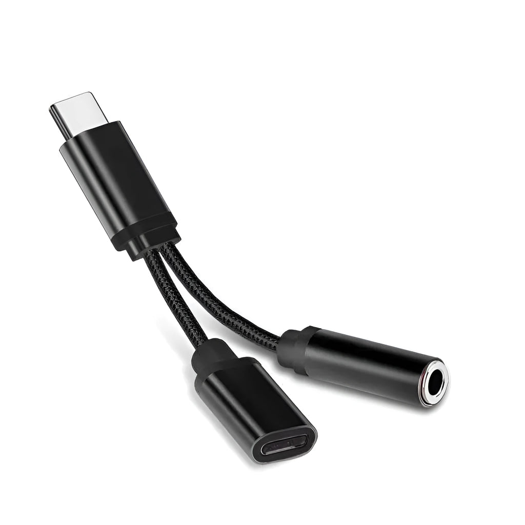 USB-C to 3.5mm headphone adapter cable in black with Type-C connector on one end and audio jack on the other