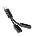 USB-C to 3.5mm headphone adapter cable in black with Type-C connector on one end and audio jack on the other