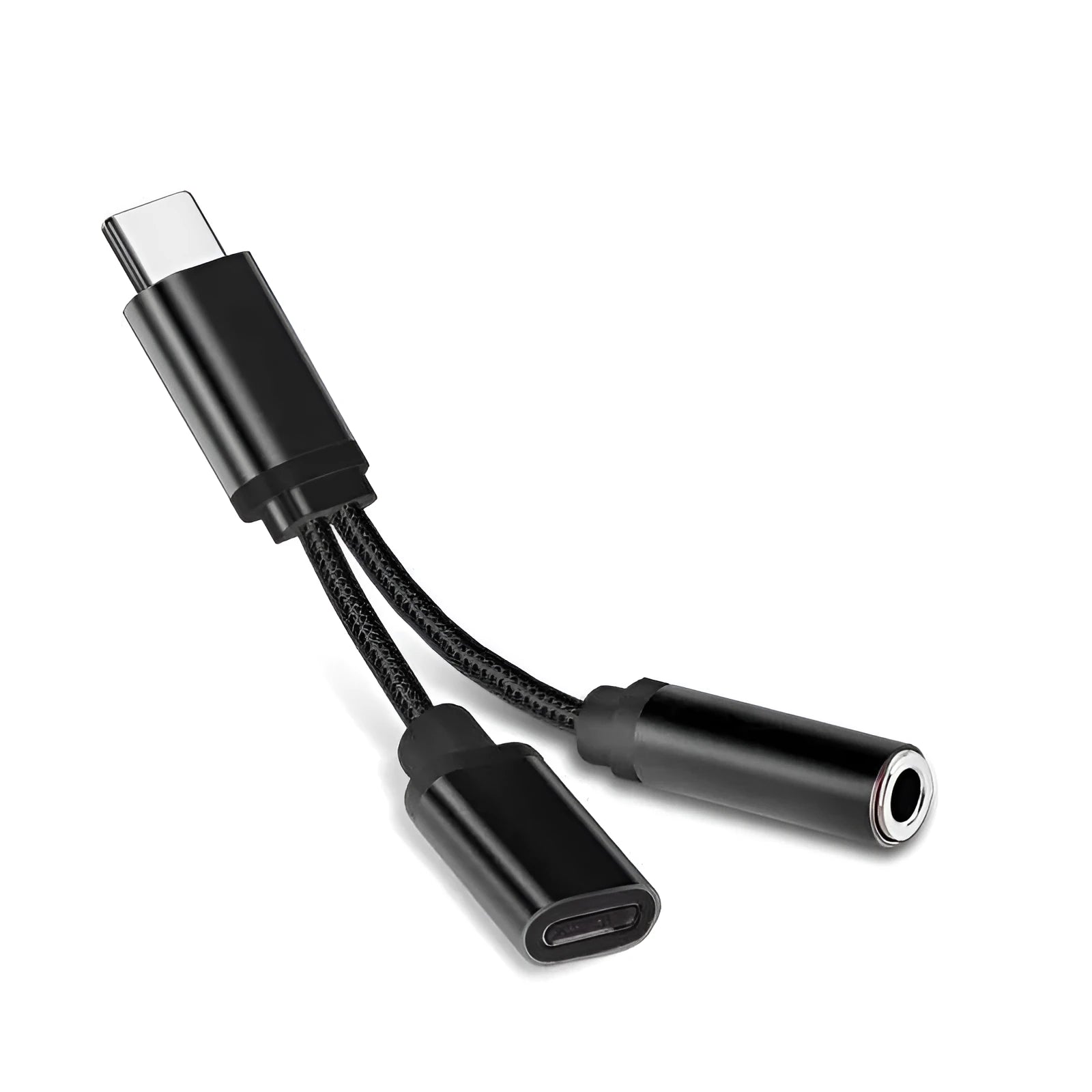 USB-C to 3.5mm headphone adapter cable in black with Type-C connector on one end and audio jack on the other