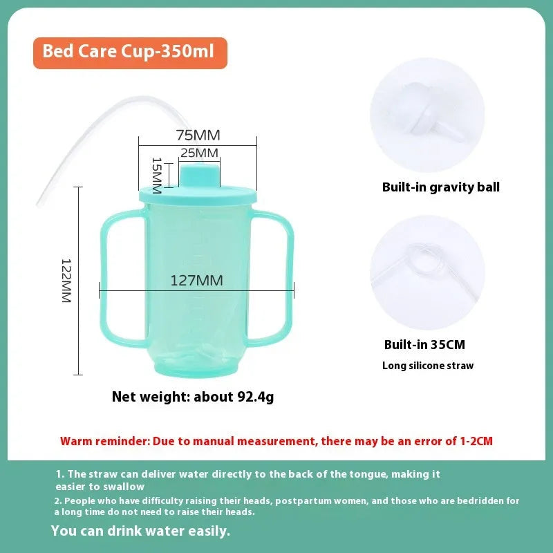 Adult oblique mouth choke proof bed drinking cup with handle and optional wrist splint.