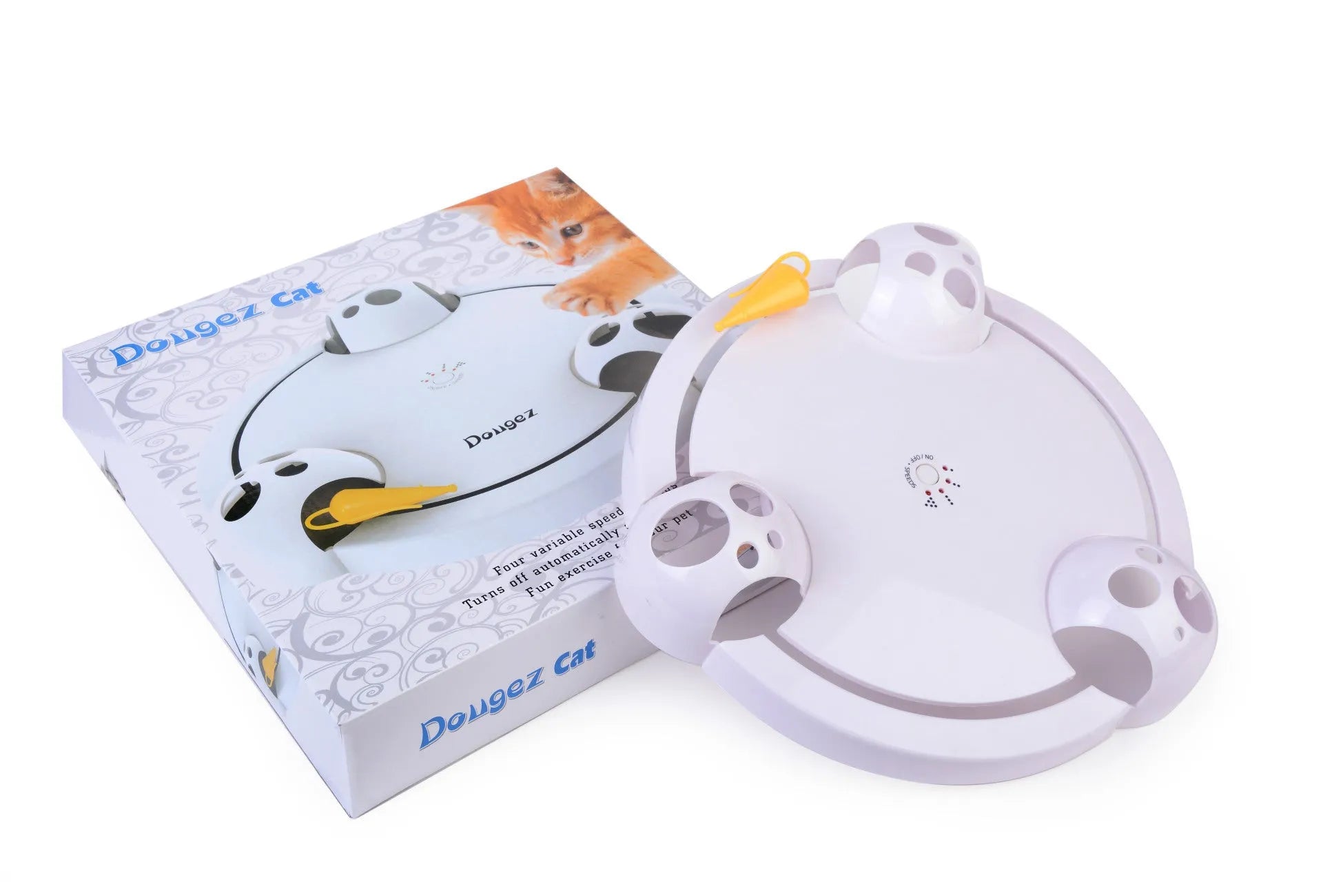 White electric cat toy turntable with mouse design on rotating ABS base, 32cm diameter