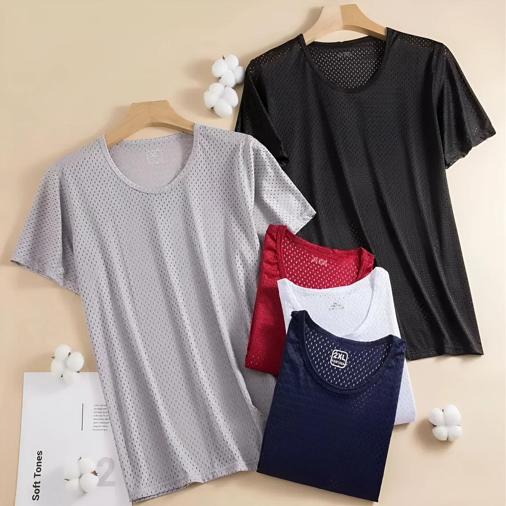 Man wearing a grey ice silk short sleeve crew neck t-shirt showing mesh fabric texture.