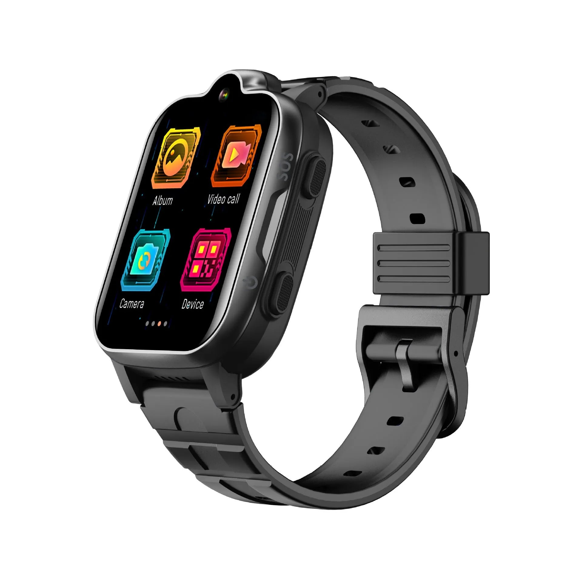 Children's 4G GPS locator video call watch with 1.66-inch touch screen, silicone strap, available in pink, blue, and black