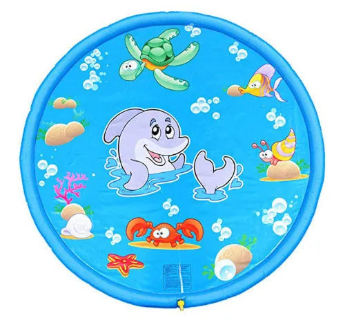 Blue PVC children's water spray play mat with marine animal designs laid flat on grass.