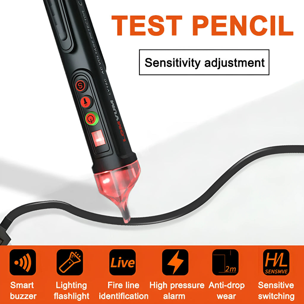 Intelligent electrical test pen for line detection in black or AC 10 colour with sound and light indicators.