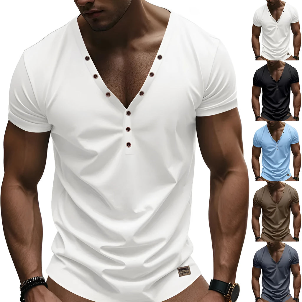 Men's loose fit V-neck button pullover shirt in polyester blend fabric for sports wear