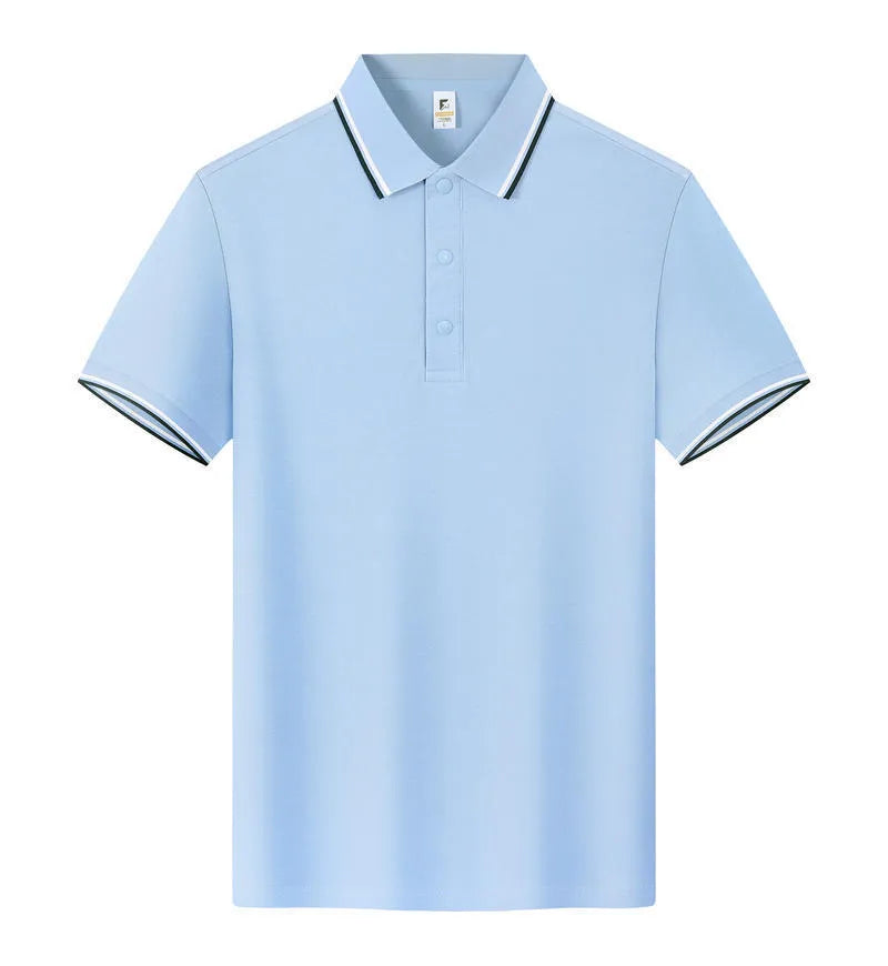 Men's short sleeve lapel T-shirt in long-staple cotton, shown in various colours on a model.