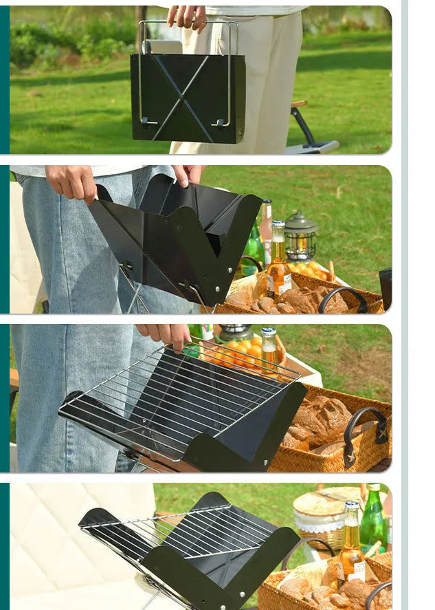 Portable black barbecue grill with grill rack, compact size 29x26x29cm for outdoor camping cooking