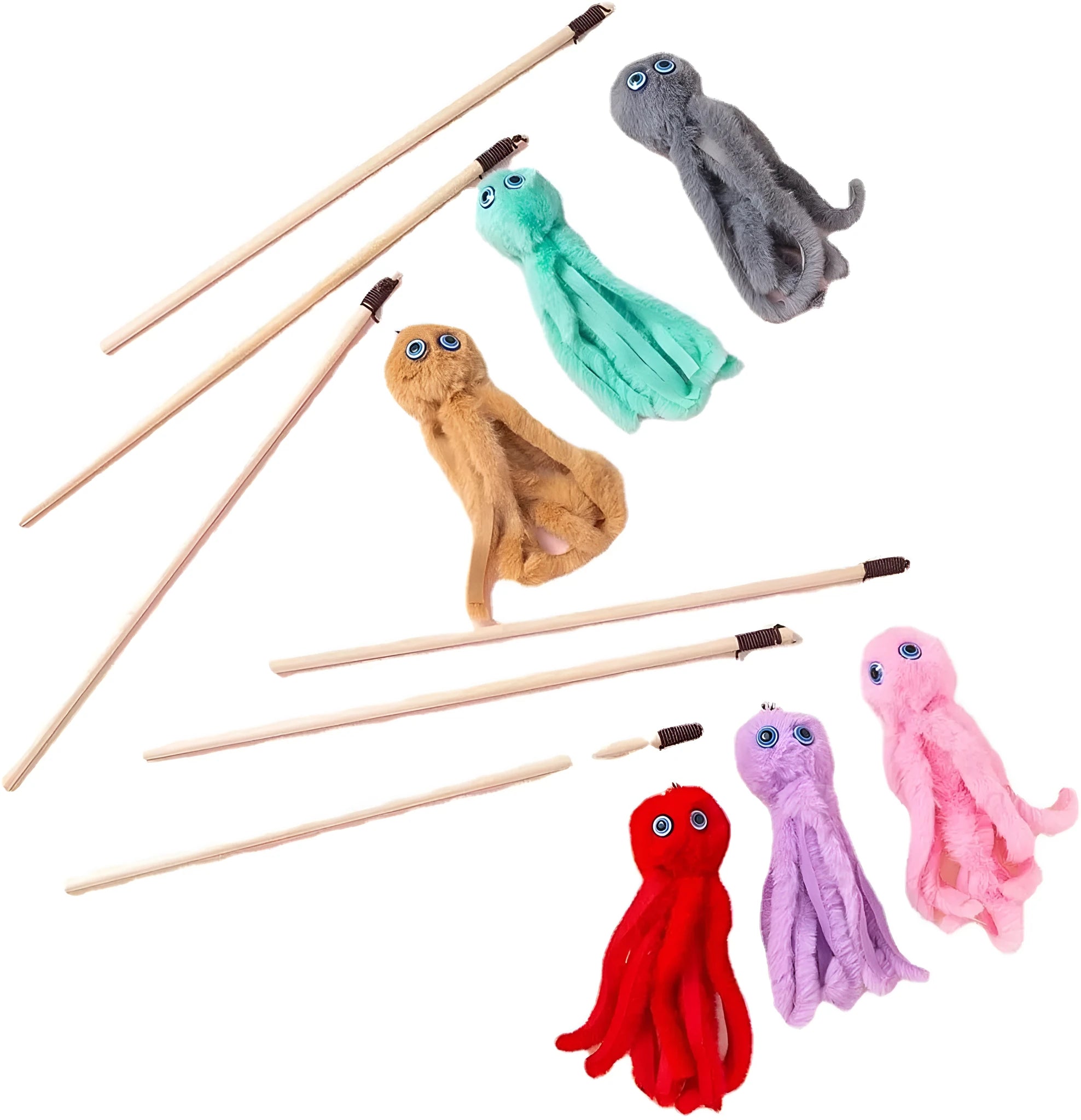 Octopus design cat toy with movable eyes on a long stick, shown in grey, pink, purple, or red.