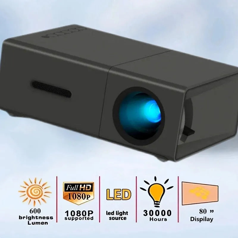 M100 mini home LED projector in black colour showing remote control and power cables