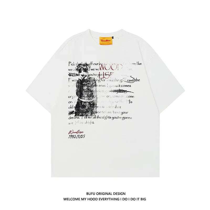 Men's black retro loose fit cotton t-shirt with white printed letters and raglan sleeves.