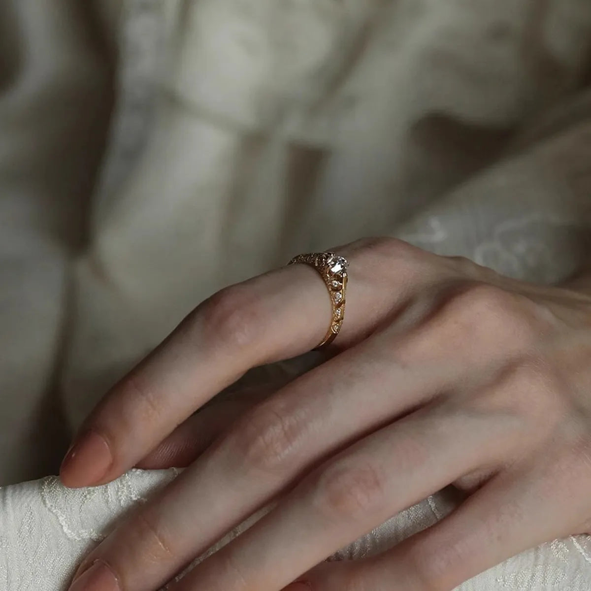 S925 sterling silver geometric ring in yellow gold tone with micro inlay, shown for women in US sizes 6 to 10