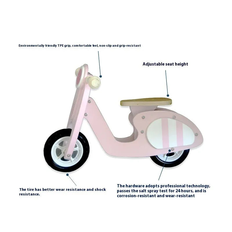Pink wooden balance scooter for toddlers and children aged 1-6 years
