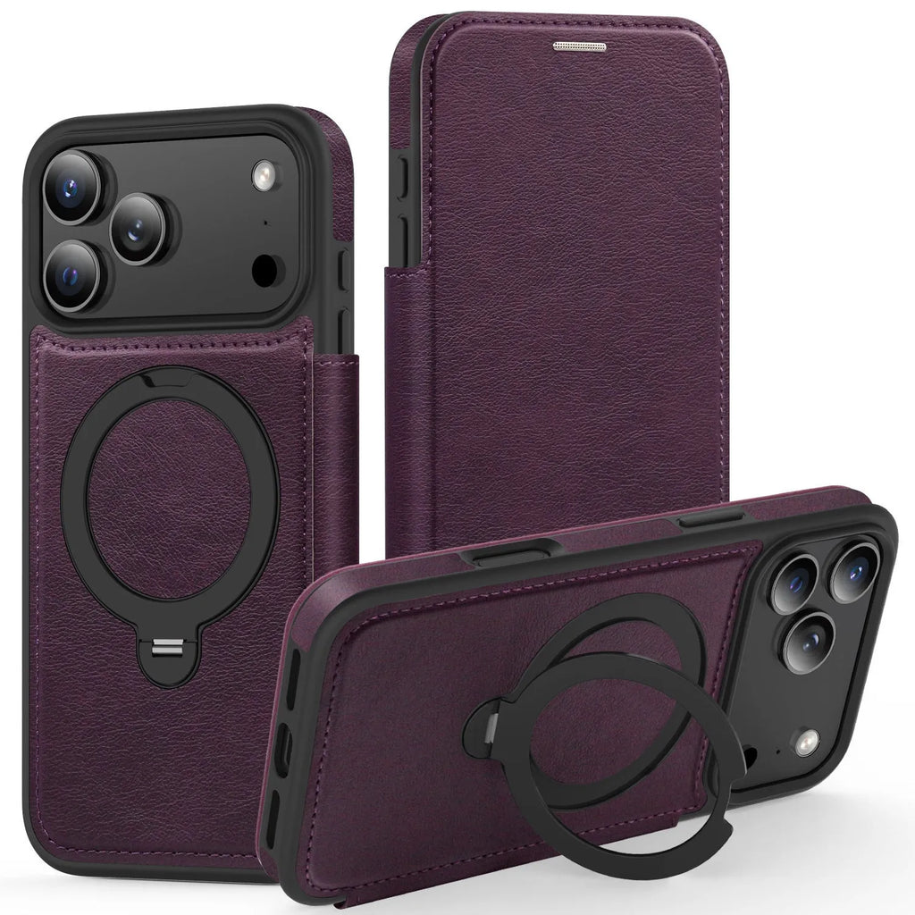 Magnetic bracket PC leather flip phone case for iPhone 16 in black with stand