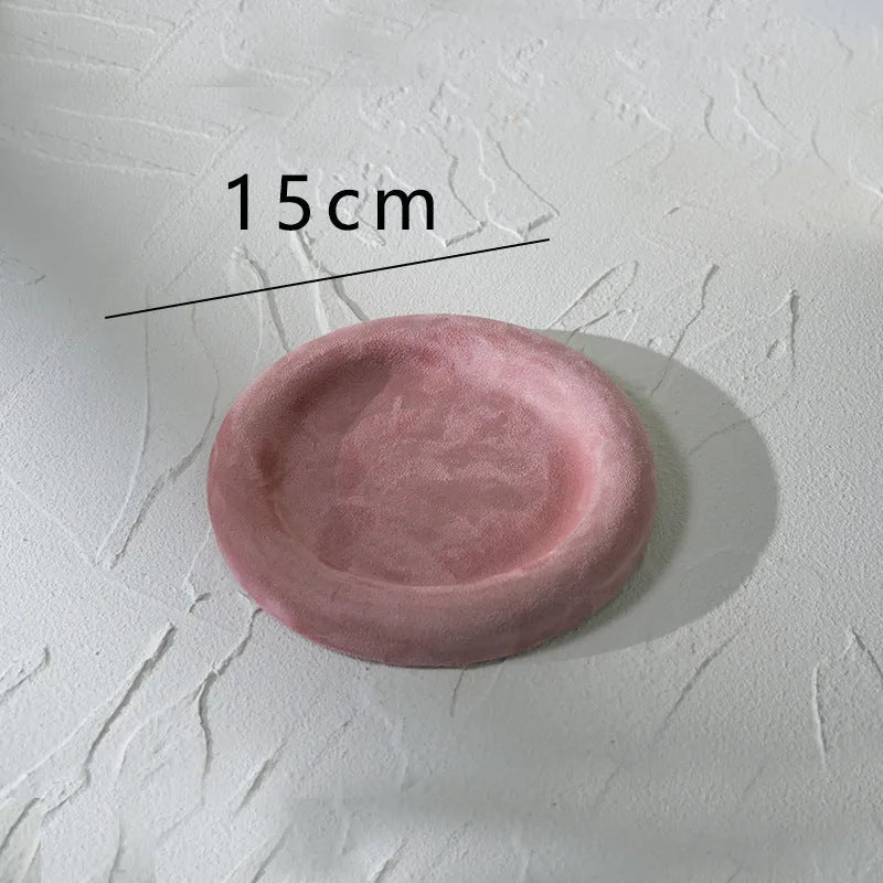 Flannel jewellery display stand in light blue with gypsum base showing 15cm round plate