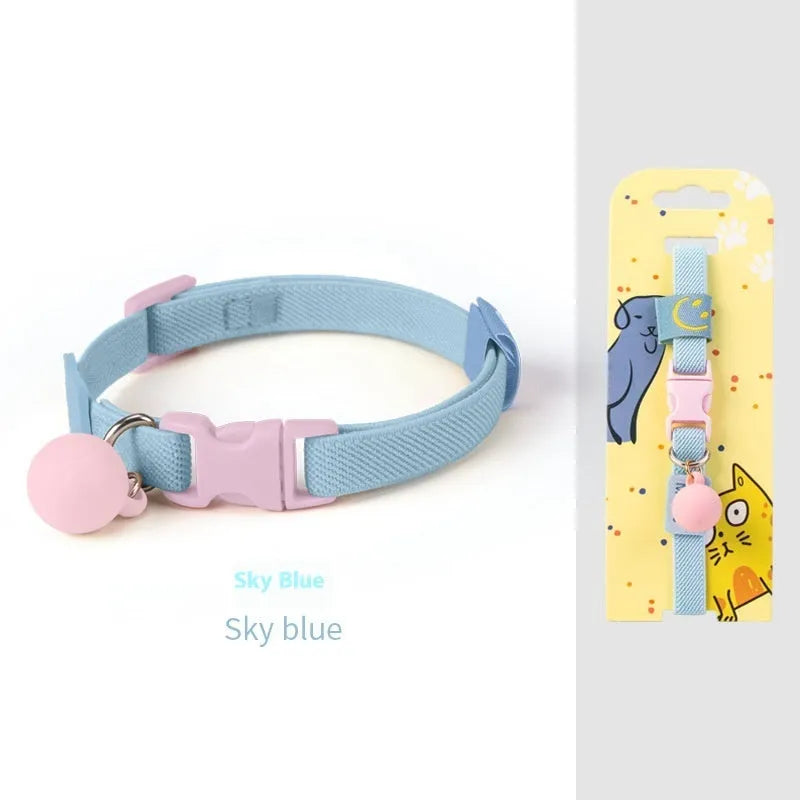 Adjustable high elasticity polyester pet collar for small dogs in seven colour options on a white background.