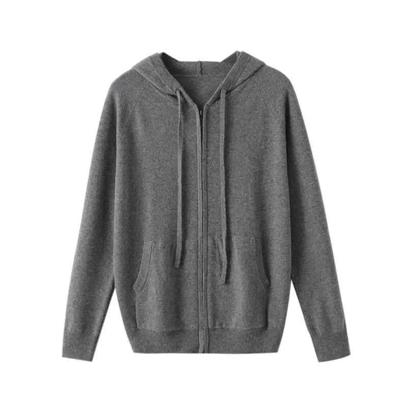 Man wearing a grey zip-up hooded cardigan, knitted cashmere blend, light business style.