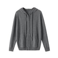 Man wearing a grey zip-up hooded cardigan, knitted cashmere blend, light business style.