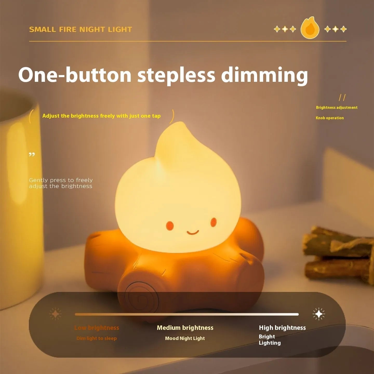 Silicone small fire pile cartoon night lamp with ABS shade showing yellow light illumination