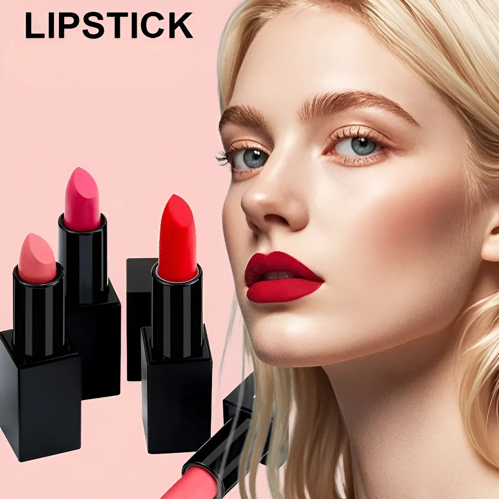 Matte finish lipstick in tube with nonstick cup applicator, one of 24 waterproof shade options.