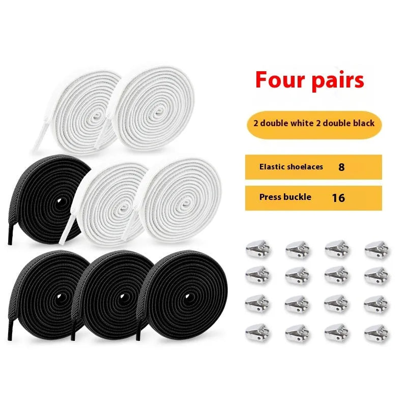Elastic no-tie shoelaces with flat buckle and press buttons in white, black, red and other colours, free size for adults and children