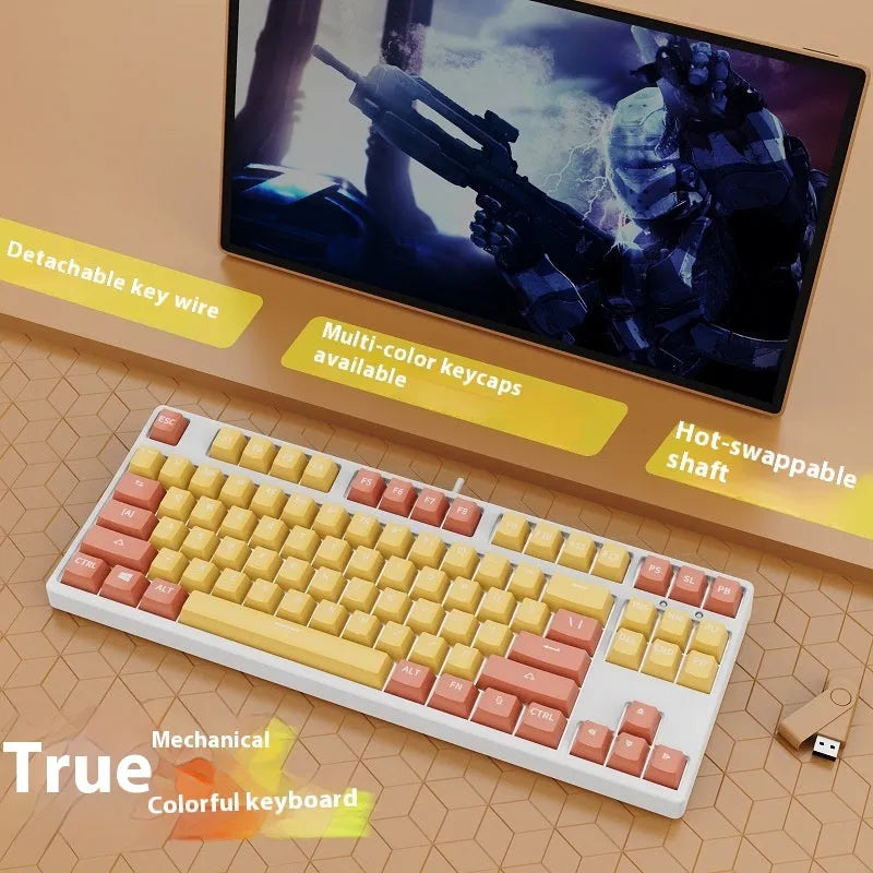 87-key wired mechanical gaming keyboard with hot-swappable switches in dual-colour keycap configuration