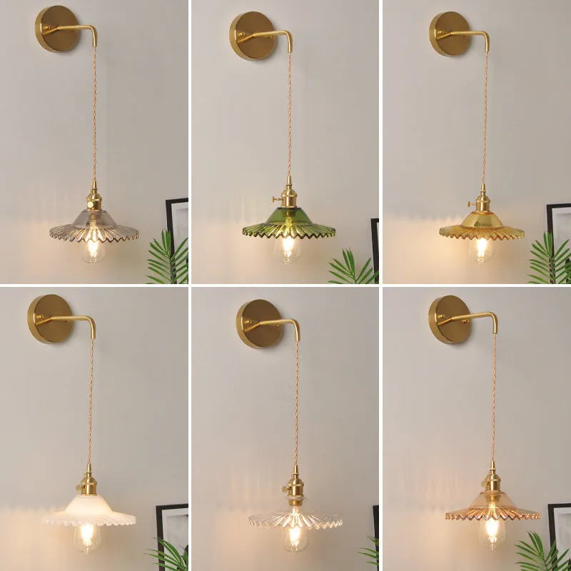 Retro copper wall lamp with a glass shade in a choice of six colours on a wall.