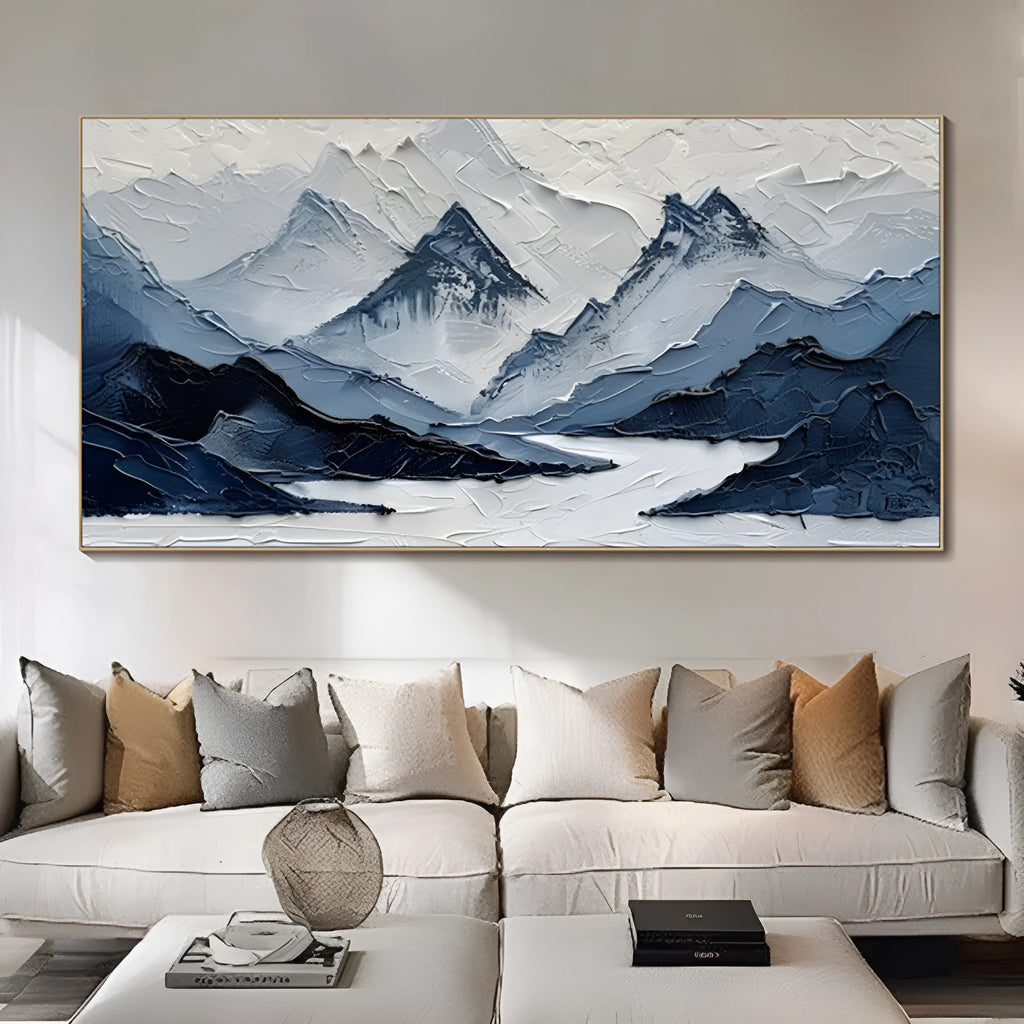 Hand painted modern mountain landscape oil painting in navy blue and white on canvas