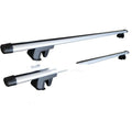 Black alloy GM SUV roof rack cross bars set showing adjustable length on vehicle roof.