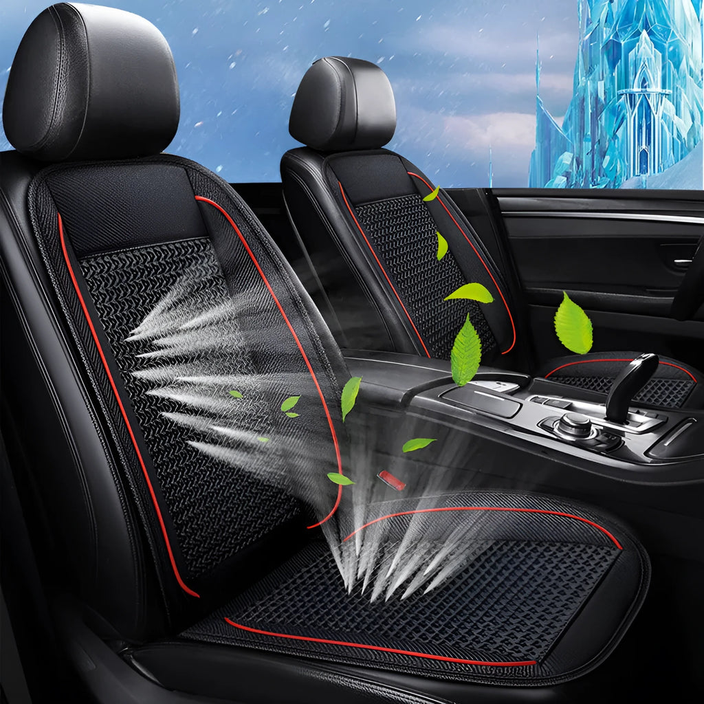Car ventilation seat cushion in minimalist design showing 60x60cm dimensions with power cord