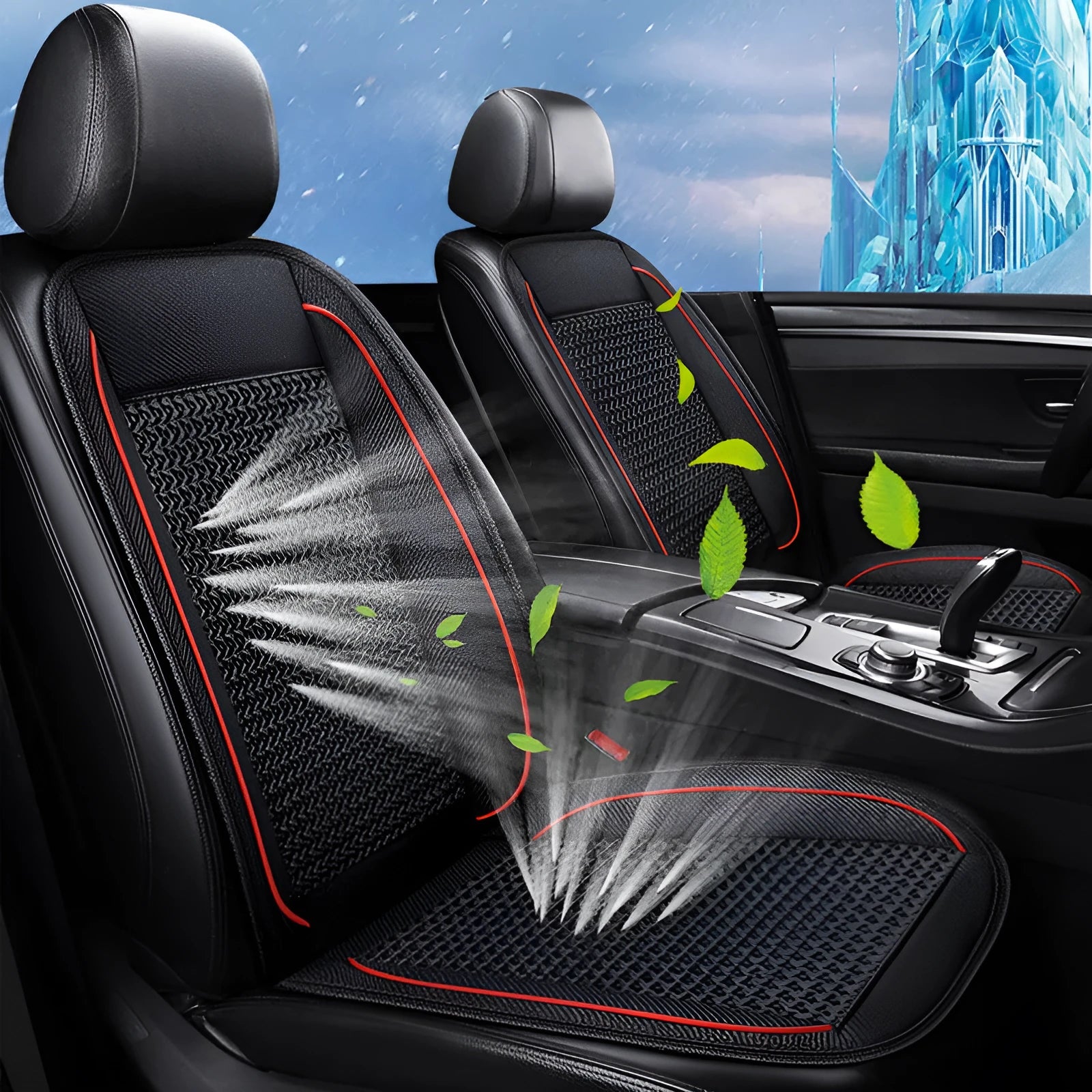 Car ventilation seat cushion in minimalist design showing 60x60cm dimensions with power cord