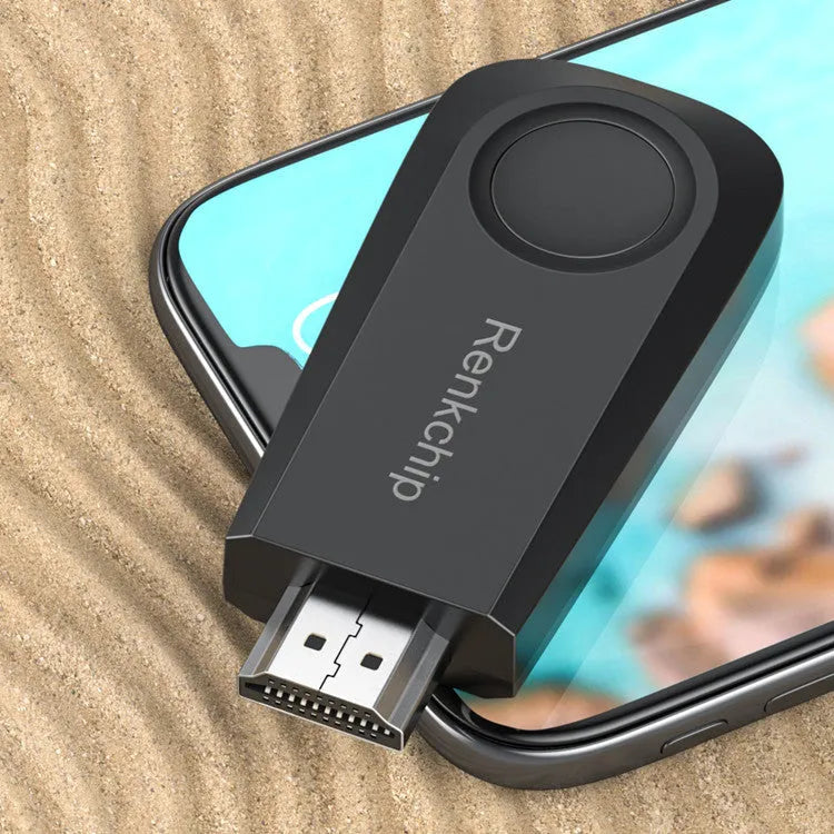 E10 RENKCHIP wireless HDMI mirror push dongle in black ABS housing with micro USB port
