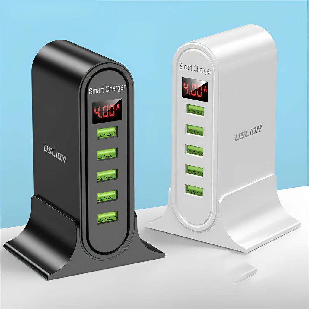 Smart LED digital display USB wall charger with selectable EU, UK, or US plug styles in black and white.