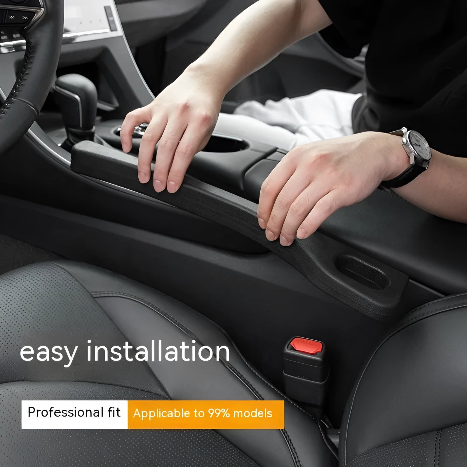 Car seat gap sealing strips in four colours showing waterproof polyresin construction and handle