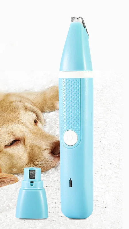 Dual purpose pet hair trimmer and nail polisher in Blue or White, ABS body, USB rechargeable, with accessories