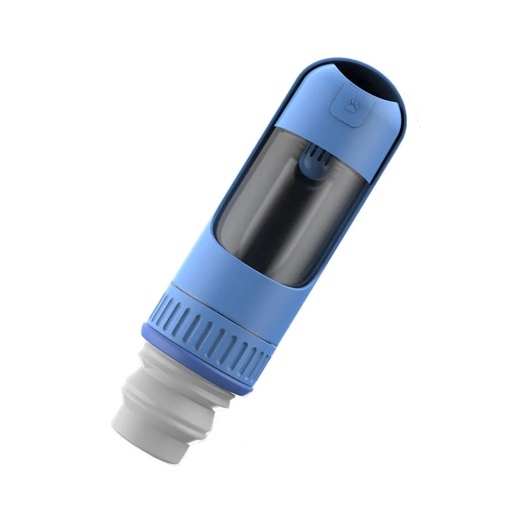 Dark blue portable dog water bottle with built-in drinking bowl showing leak-proof lock mechanism