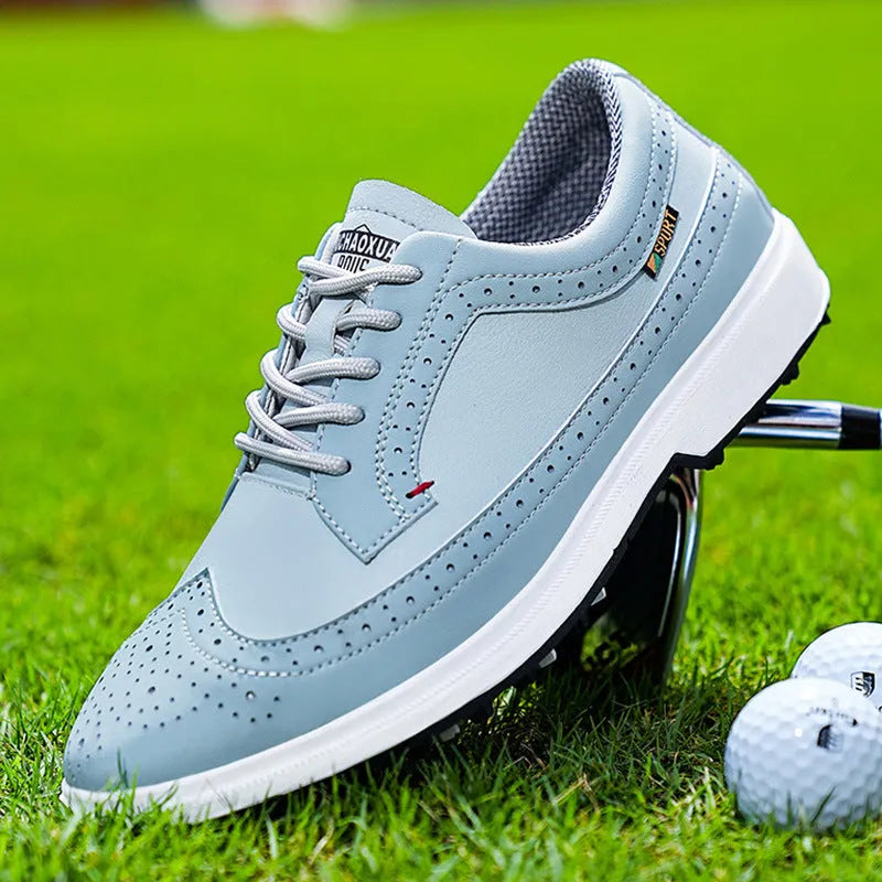 Men's Lake Blue and White genuine leather golf shoes with non-slip rubber outsoles.