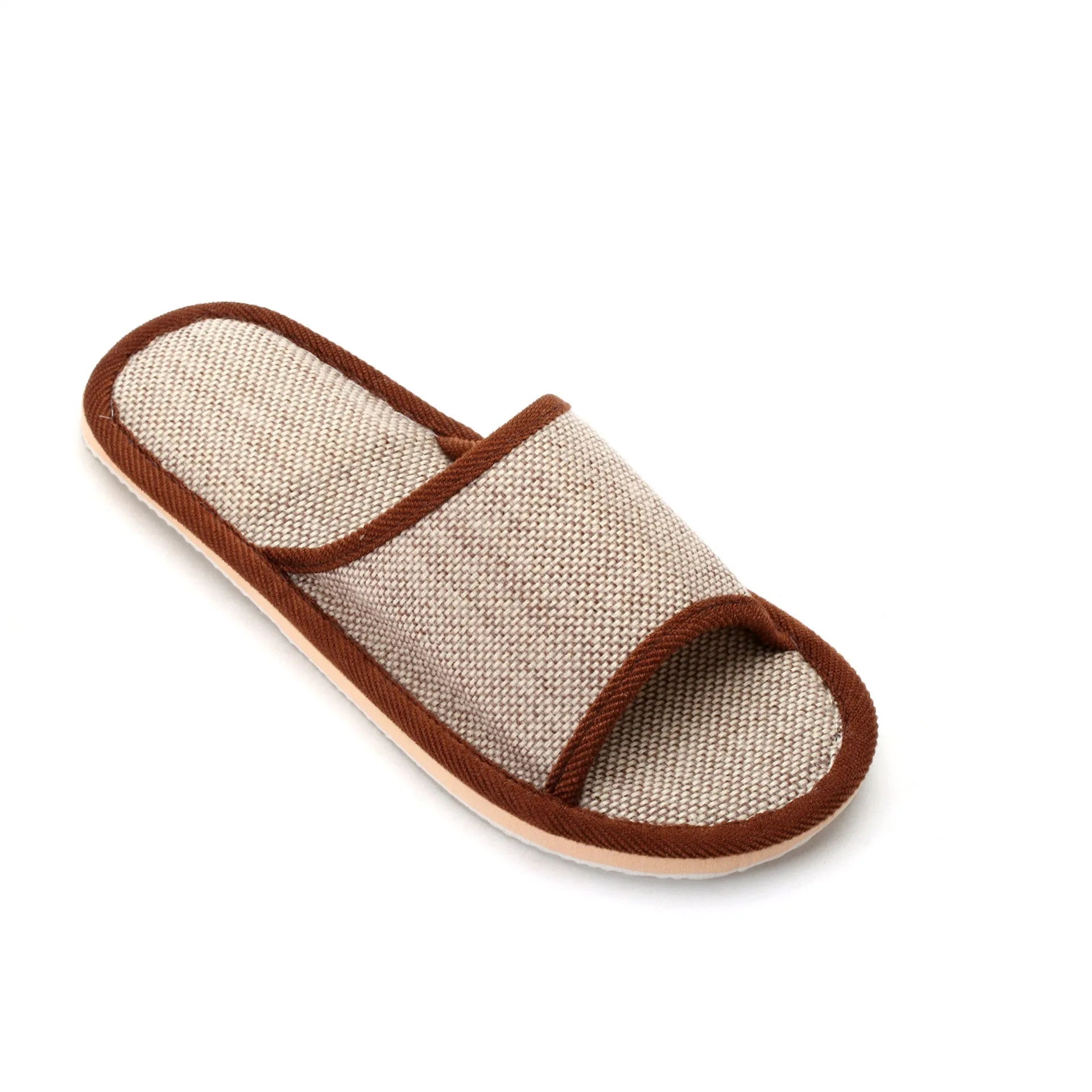 Women's open toe linen slippers in light brown, showing thickened sole and breathable design.