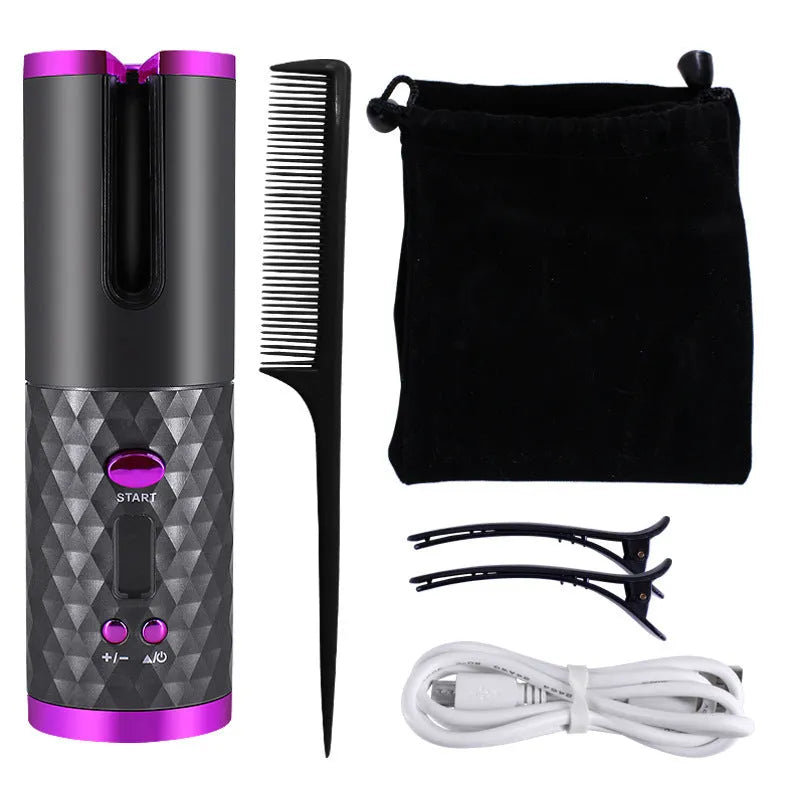 Black rechargeable automatic hair curler with LCD display and rotating ceramic barrel.