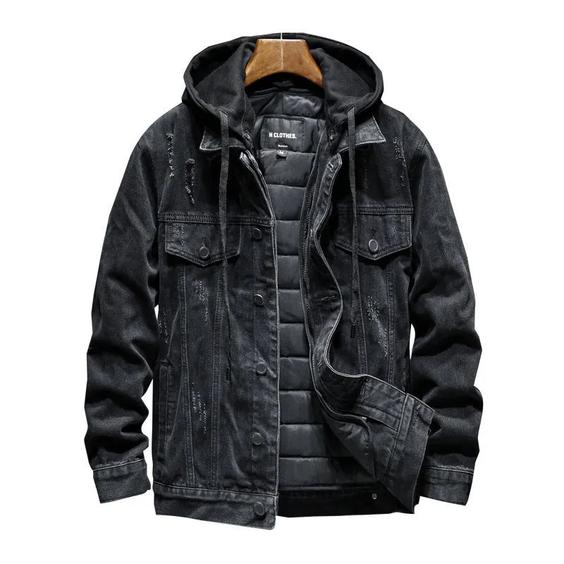 Thick denim jacket men black hooded cotton winter slim fit with lapel collar