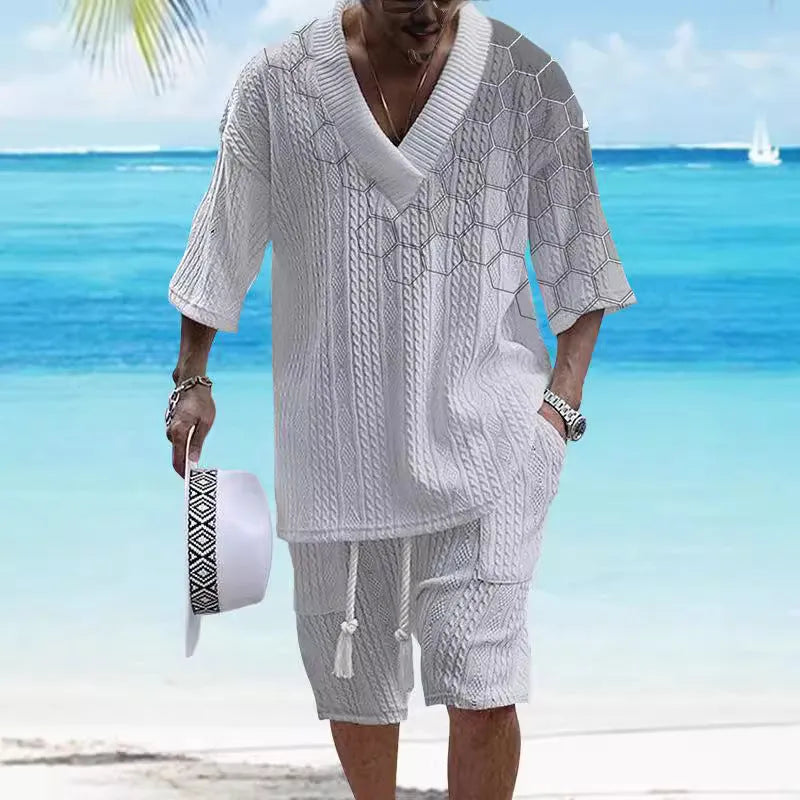 Men's grey printed drop-shoulder knitted short-sleeve top with matching shorts, a casual tracksuit set.