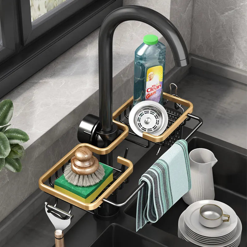 Silver aluminium kitchen faucet rack drain basket mounted on tap with double basket and towel bar