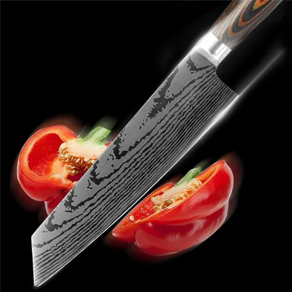 6-piece 7CR17 stainless steel knife set with wooden handles and laser Damascus pattern on silver blades