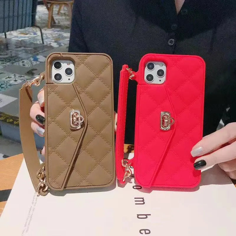 Women's luxury silicone iPhone case with inclined chain lanyard in multiple colour options