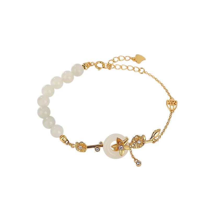 Hetian jade and 925 silver peace buckle bracelet with auspicious patterns in antique retro style