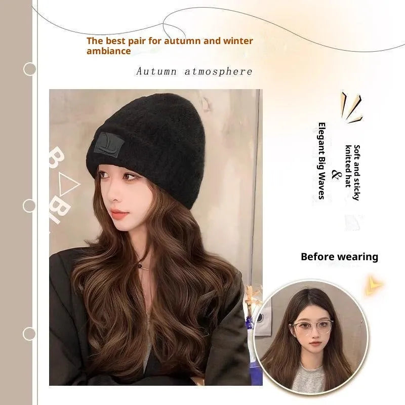 Hat wig for women with big wave curls in brown black colour, protein filament hair on mannequin