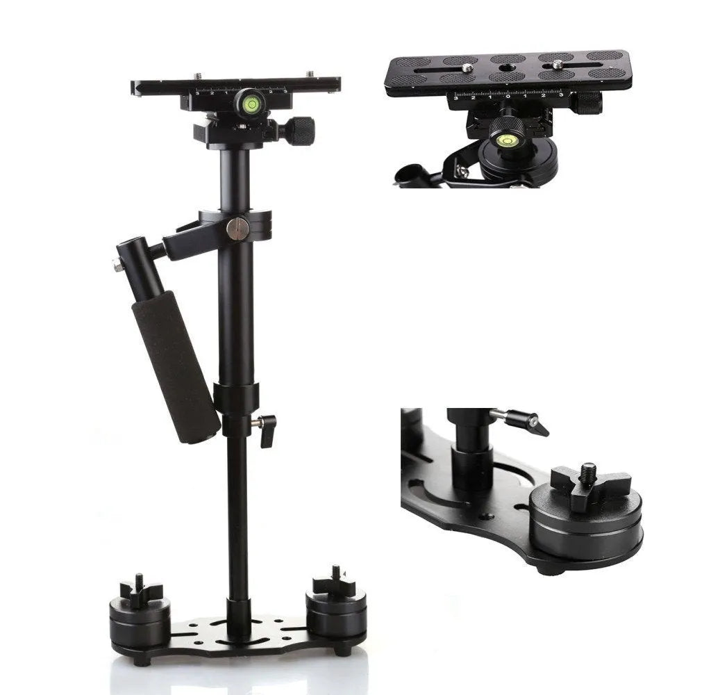 Black aluminum handheld camera stabilizer with adjustable height mechanism and grip handle
