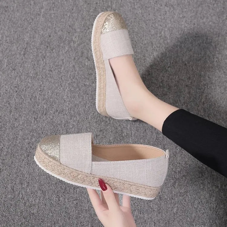 Plus size black and beige canvas slip-on shoes with round toe and cloth upper