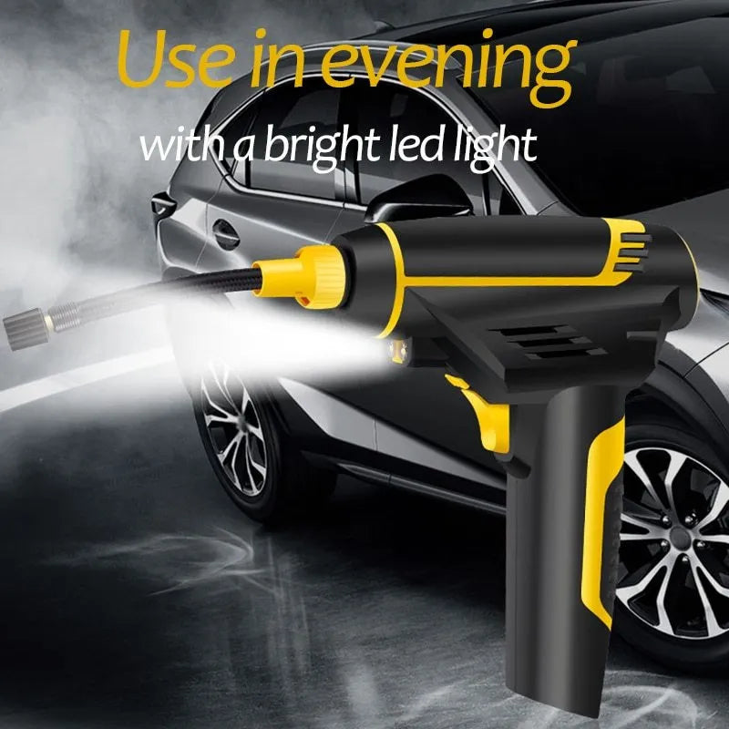 Automatic portable handheld digital LED car air compressor with hose and connectors on black background