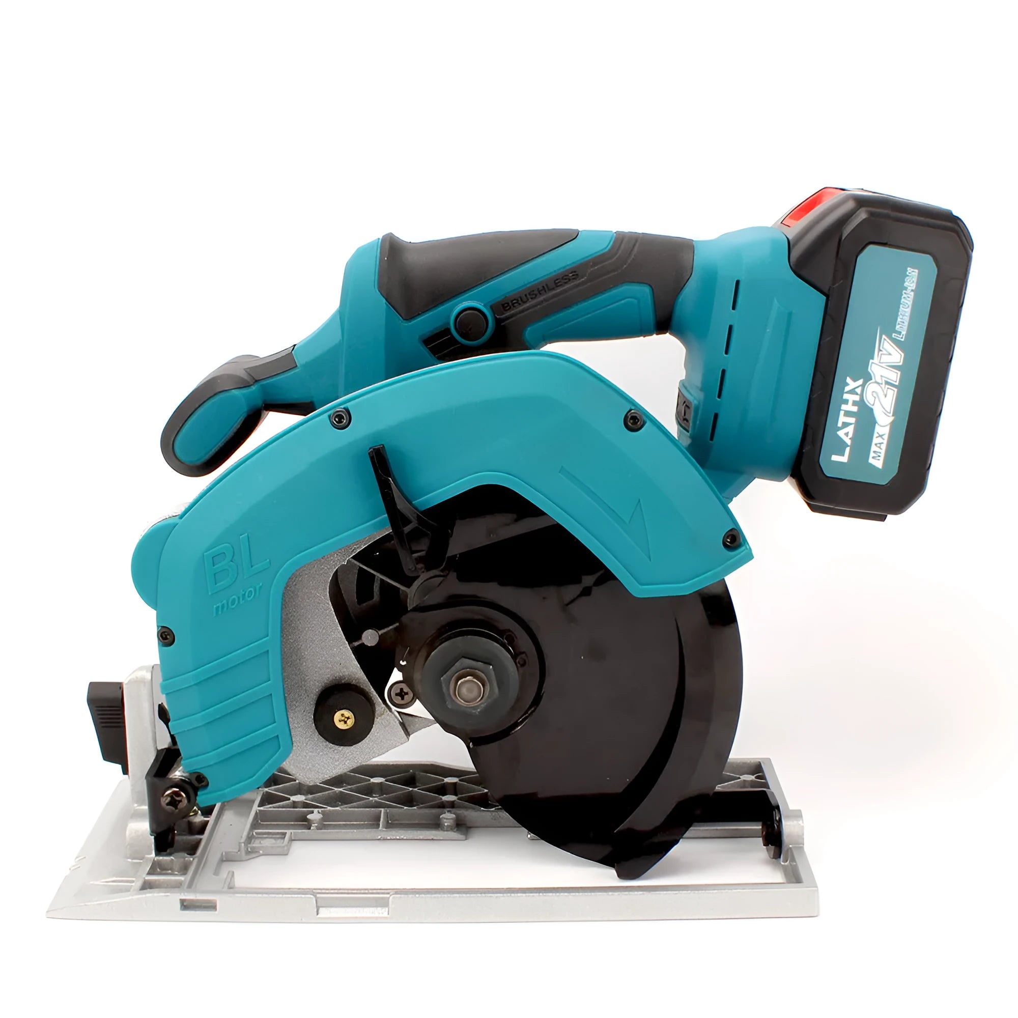 Lithium battery 7-inch cordless circular saw for wood cutting with two batteries and charger on a workbench